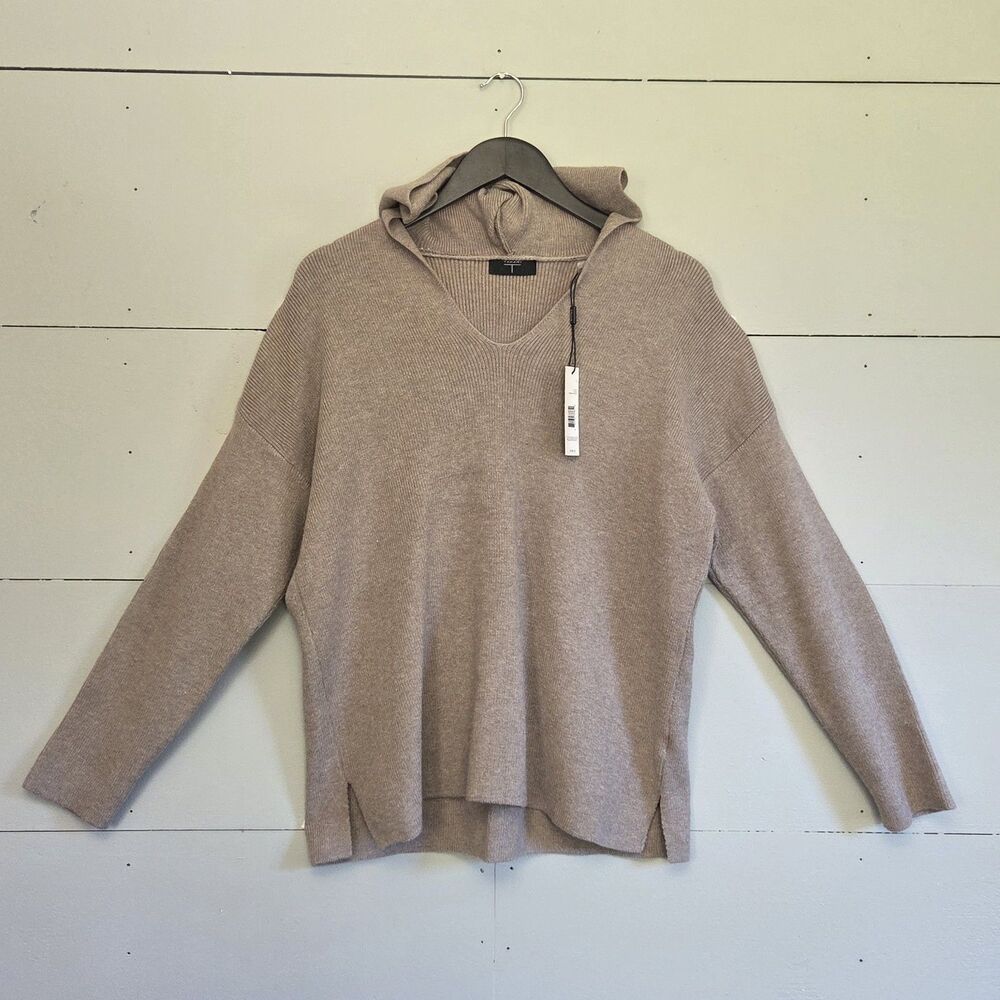 Tahari Women's L Beige Solid Knit Hooded V-Neck Pullover Sweater Long Sleeve